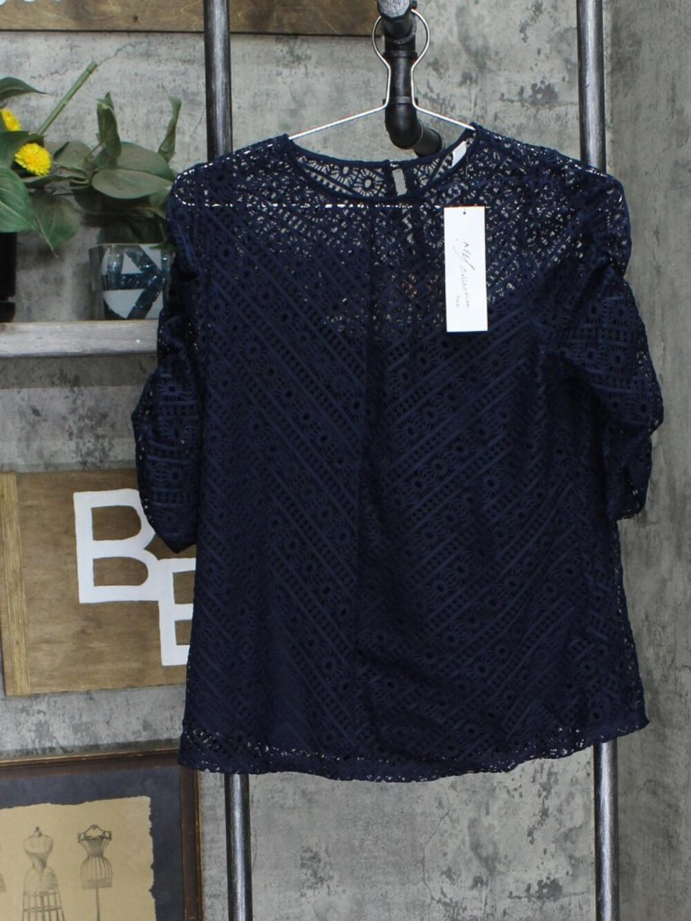 Ny Collection Petite Rouched Sleeve Lace Top Plau5430 Pl